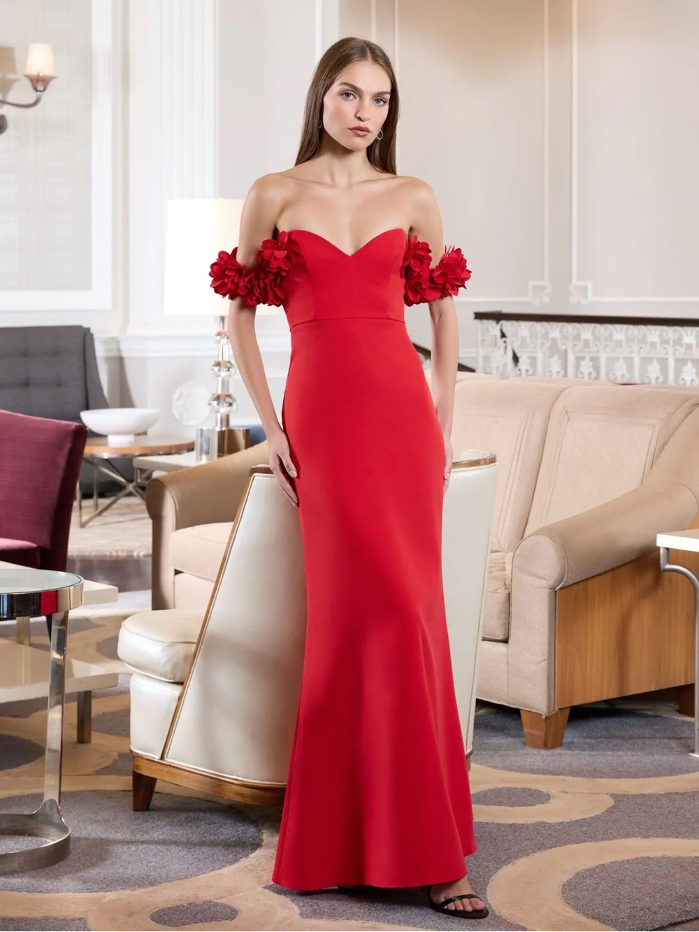 Mac Duggal 56131 Red Crepe Off The Shoulder Gown With 3D Flowers sz 6